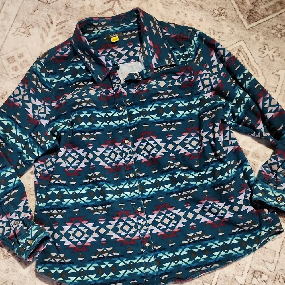 CABELA'S | Multicolor Geometric Shirt Women's Green Southwestern Button Up | 2X